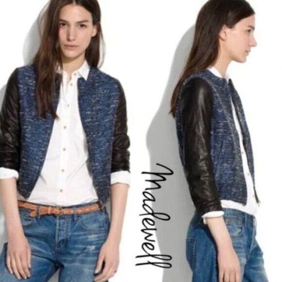 Madewell Jackets & Blazers - Madewell Leather Black Blue Tweed Metallic Glitter Moto Jacket  Women's Size XS